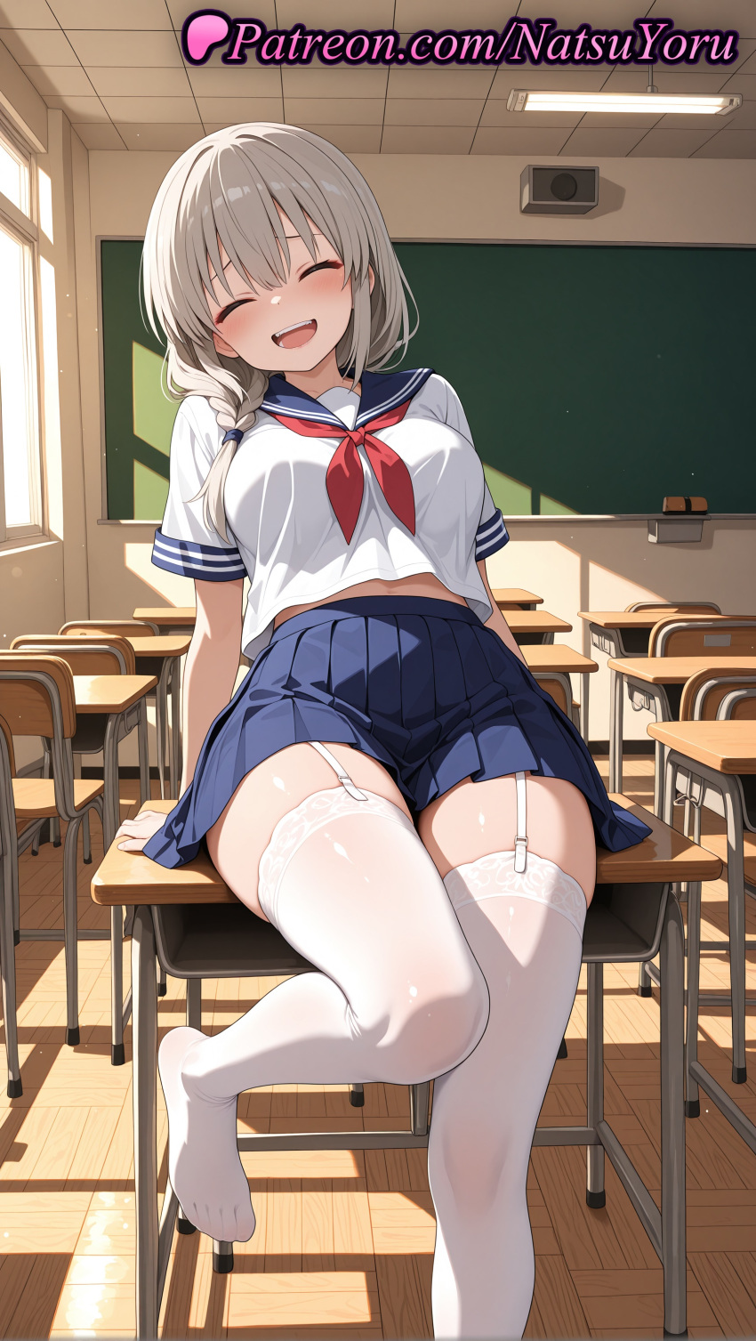 1girl 1girl 1girls 2025 ^_^ ai ai_assisted ai_generated anime anime_style arm_support asian bangs big_breasts big_breasts blue_sailor_collar blue_skirt blush braid breasts bust chair chalkboard classroom closed_eyes clothing desk facing_viewer feet female_focus female_only foot_fetish foot_out_of_frame garter_straps grey_hair hair_between_eyes hair_over_shoulder hentai high_quality high_res high_res high_resolution indoors lace-trimmed_legwear leaning_back leg_lift legs legwear long_hair mature_female midriff_peek miniskirt natsuyoru navel neckerchief no_shoes on_desk open_mouth patreon pleated_skirt red_neckerchief sailor_collar sailor_uniform school_desk school_uniform serafuku shirt short_sleeves silver_hair sitting sitting_on_desk skirt smile solo_female speaker stable_diffusion stockings teeth thighs toes twin_braids upper_teeth_only uzaki-chan_wa_asobitai! uzaki_tsuki voluptuous voluptuous_female white_legwear white_shirt white_thighhighs zettai_ryouiki